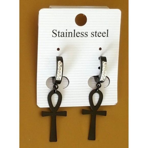 Cross CZ Bling Huggie Hoop Dangle Earrings Black Stainless steel - Picture 1 of 4